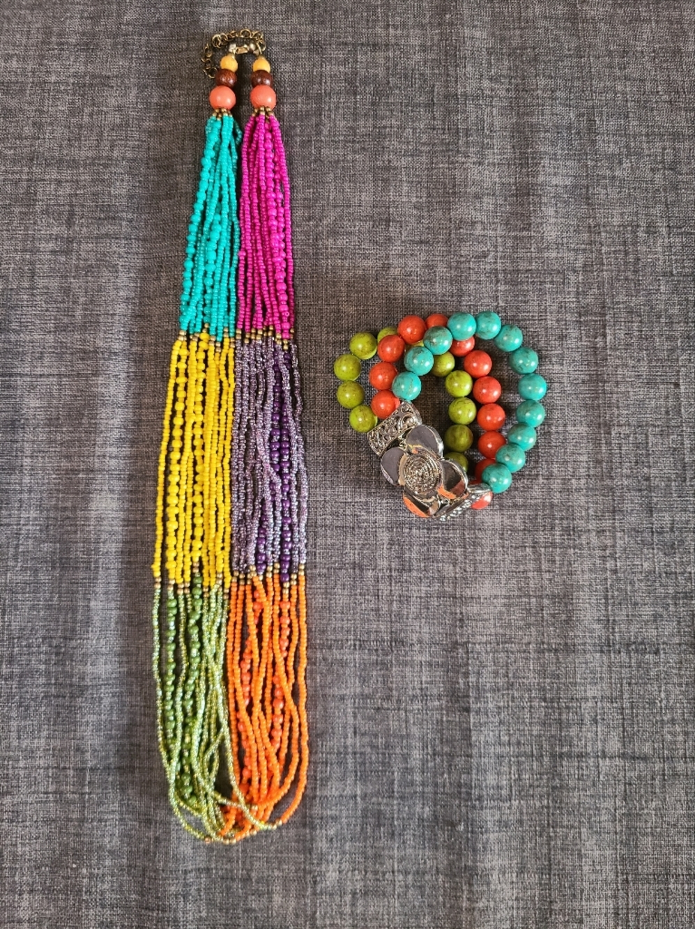 Multicolor Beaded Necklace and Stretch Bracelet Stack - Turquoise, Orange & Lime